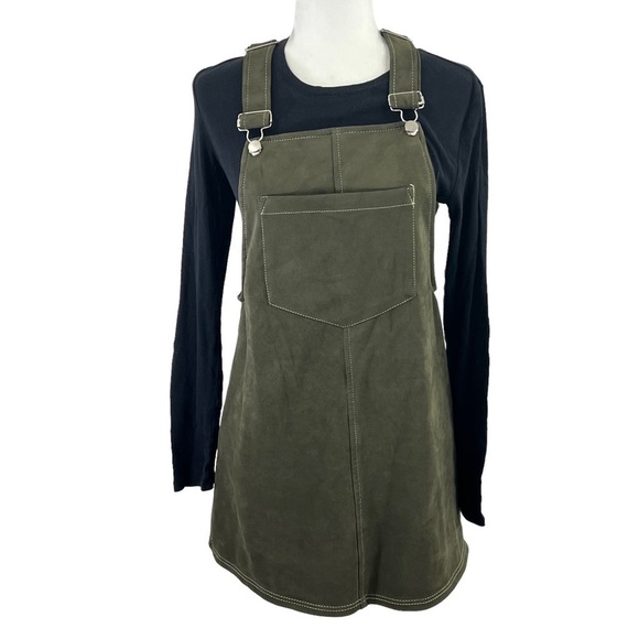 As U Wish Olive Green Faux Suede Pocket Overall Mini Dress Jumper Size Large - Picture 1 of 15